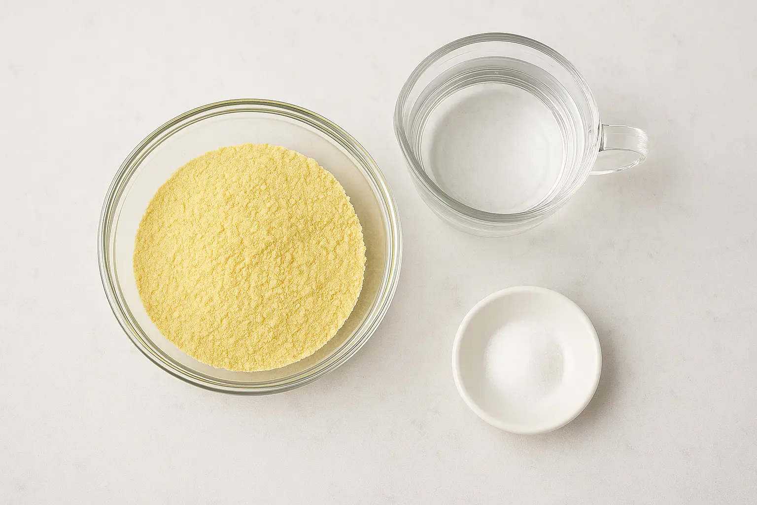 gluten-free-corn-tortillas-ingredients Ingredients for gluten-free corn tortillas on a white ceramic surface: a glass bowl of masa harina, a clear measuring cup of water, and a small white dish of salt.
