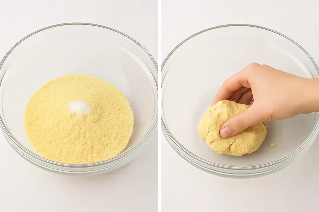 making-homemade-gluten-free-corn-tortillas1 Mixing masa harina and kneading dough in a glass bowl on a white ceramic surface