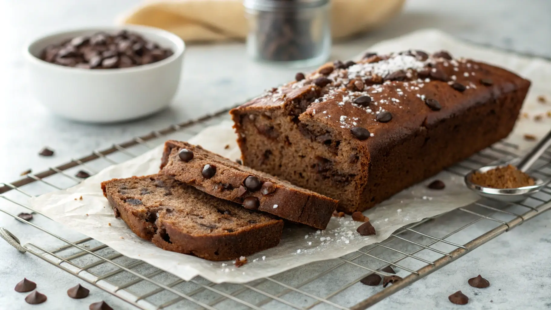 Gluten-free chocolate banana bread topped with chocolate chips, sliced on a wire rack, with a bowl of chocolate chips and a spoon of brown sugar in the background