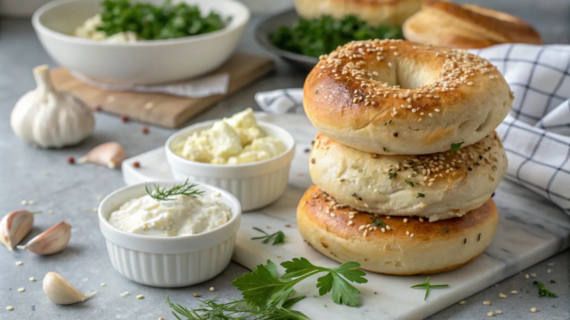 Stack of sesame-topped bagels on a marble board, served with bowls of cream cheese, fresh herbs, and garlic in the background.