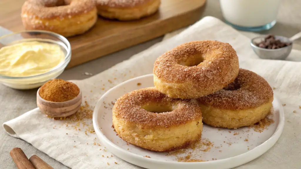 Freshly baked cinnamon sugar donuts on a white plate with cream filling and milk in the background.