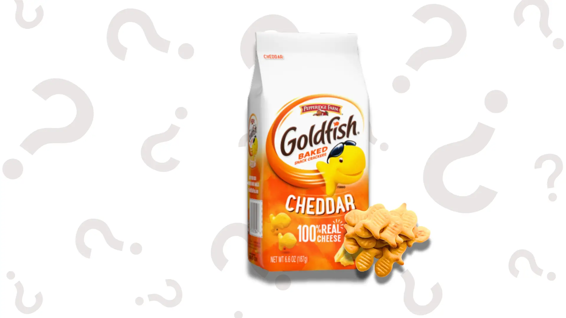 Bag of Goldfish Cheddar Crackers surrounded by question marks, illustrating the question of whether Goldfish has a gluten-free version.