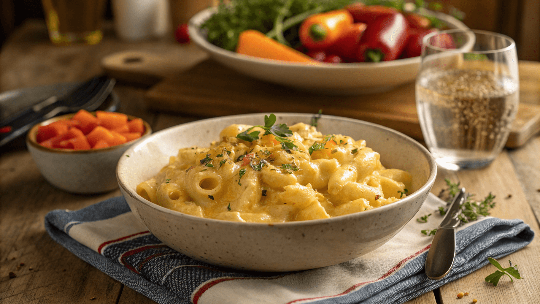 A bowl of creamy gluten-free mac and cheese garnished with fresh herbs and served with a side of diced tomatoes, with colorful bell peppers in the background