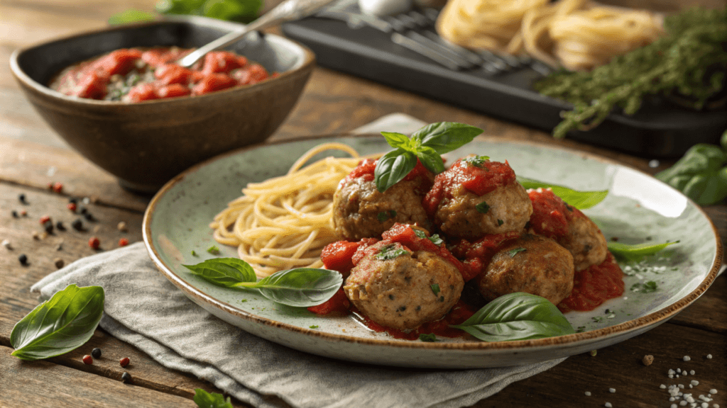 A plate of gluten-free turkey meatballs served with spaghetti and marinara sauce, garnished with fresh basil leaves