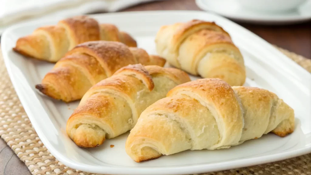 5 gluten free crescent rolls on a white dish