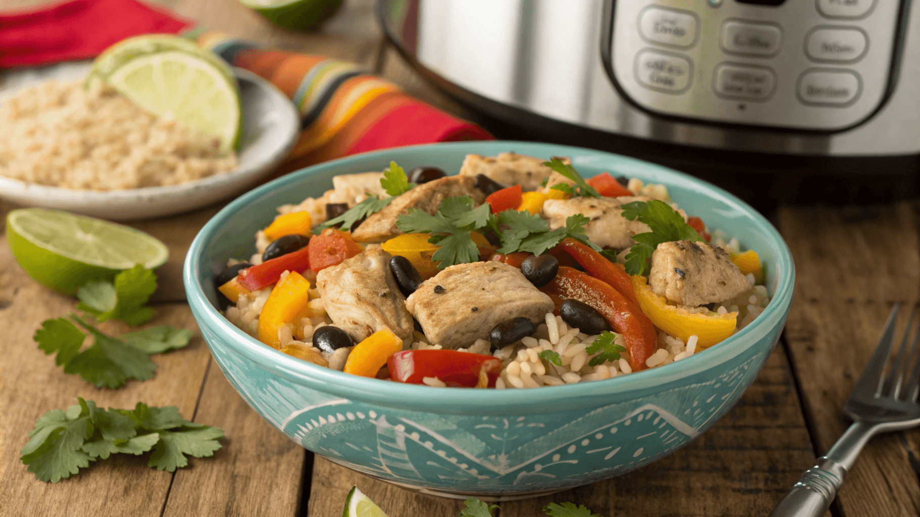 A bowl of gluten-free southwestern chicken with rice, black beans, bell peppers, and cilantro, with lime wedges and an Instant Pot in the background