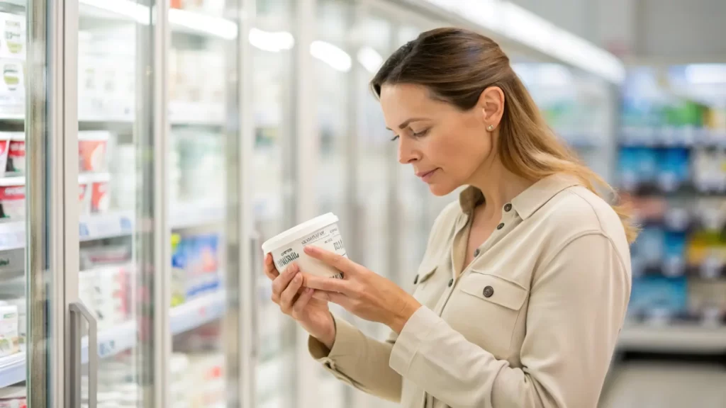 A woman in a grocery store aisle reading the label on a container of gluten free food, standing near refrigerated shelves