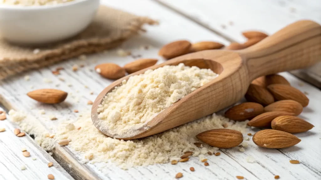Almond flour in a scoop replacing traditional bread crumbs in gluten-free recipes.