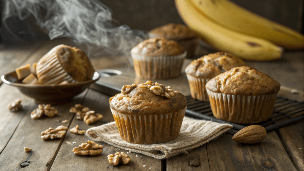 A batch of freshly baked gluten-free banana nut bread muffins placed on a rustic wooden table
