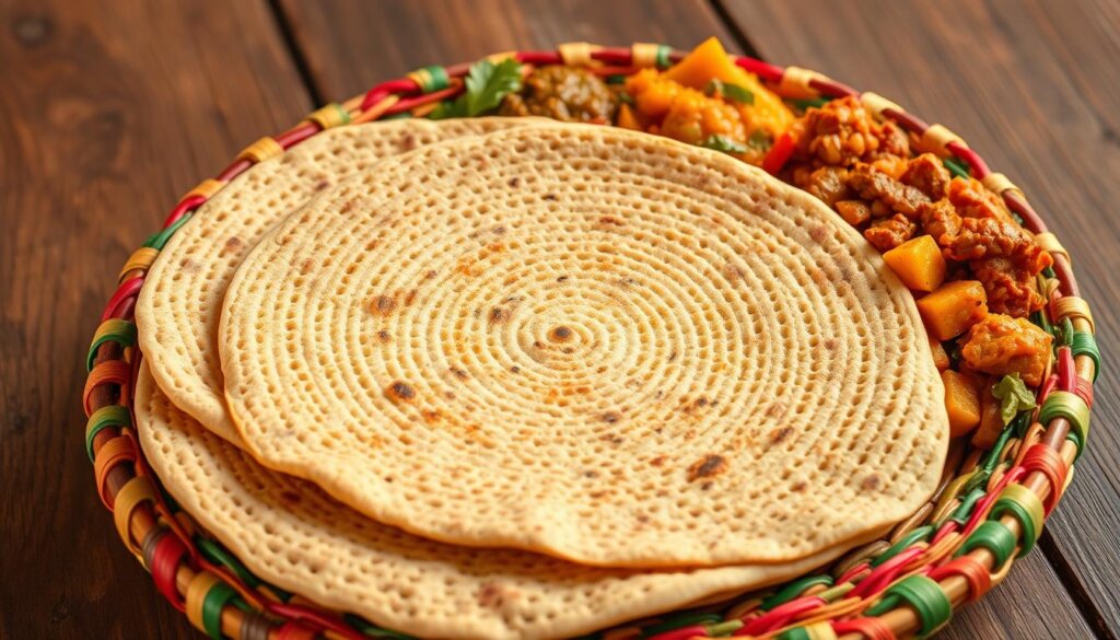 A beautifully arranged plate of gluten-free injera