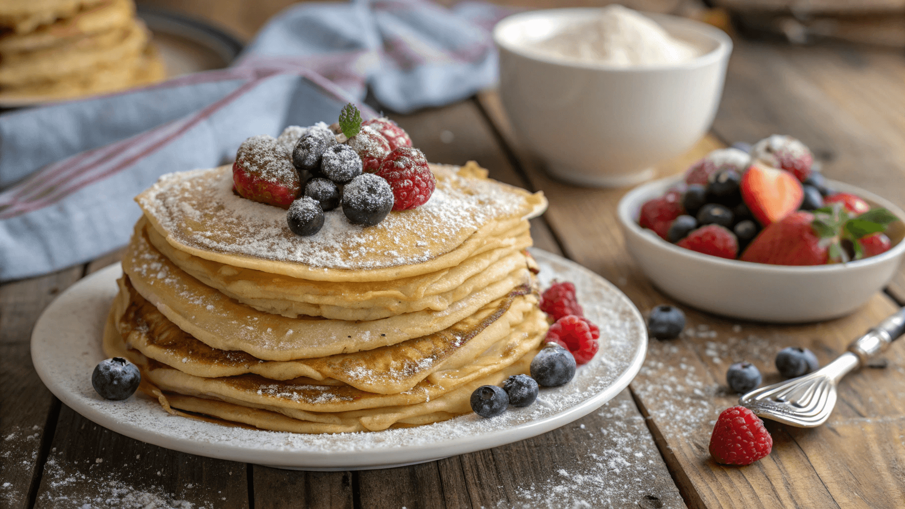 a stack of golden-brown gluten-free crepes, garnished with fresh berries