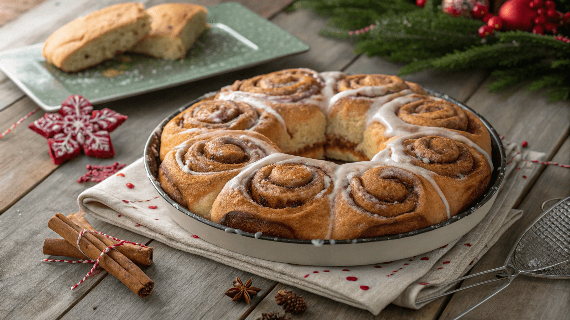 Golden-brown gluten-free cinnamon roll wreath with glaze on a rustic table
