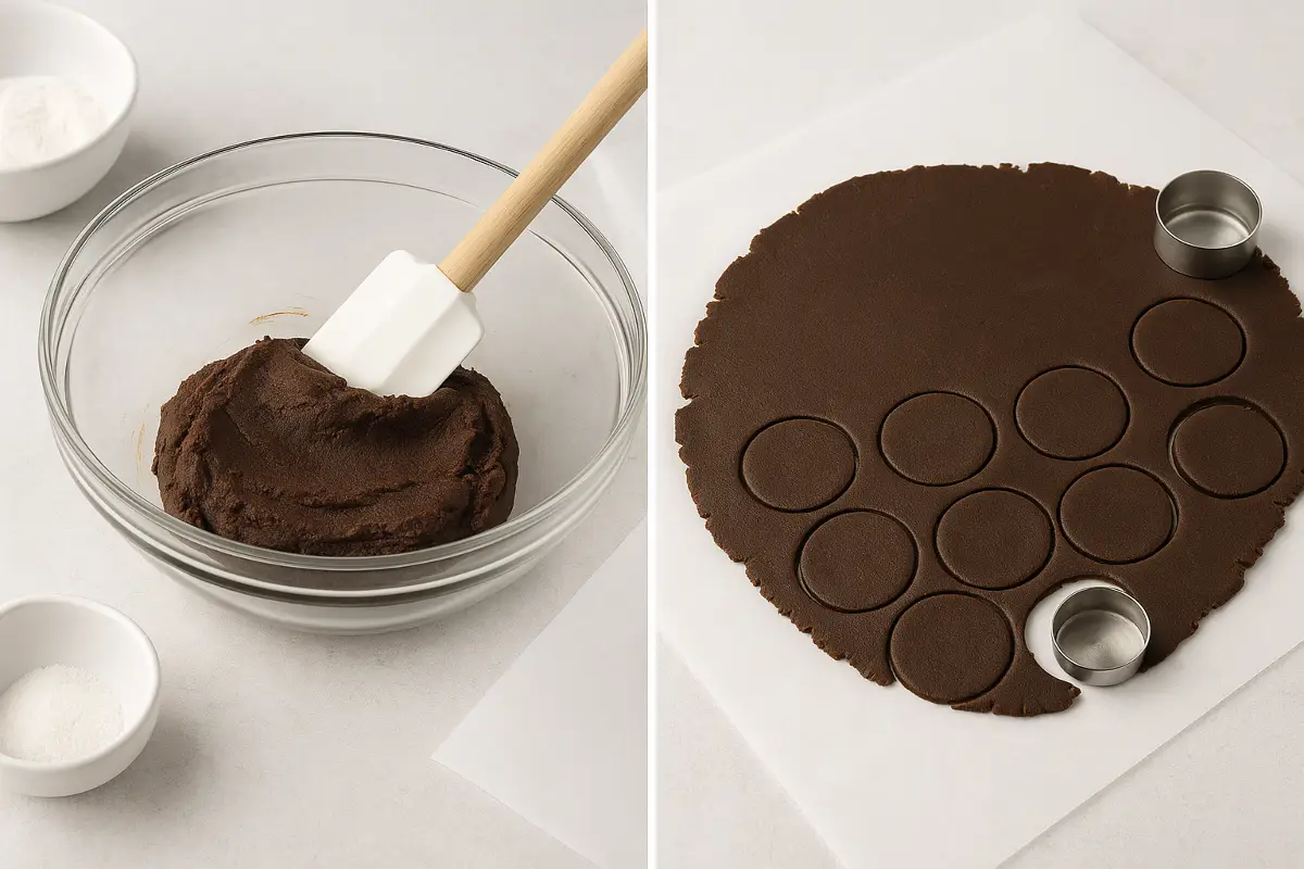 Chocolate-Cookie-Dough-Mixed-and-Rolled-for-Baking Chocolate cookie dough in a mixing bowl and rolled out with round cutouts on parchment paper.