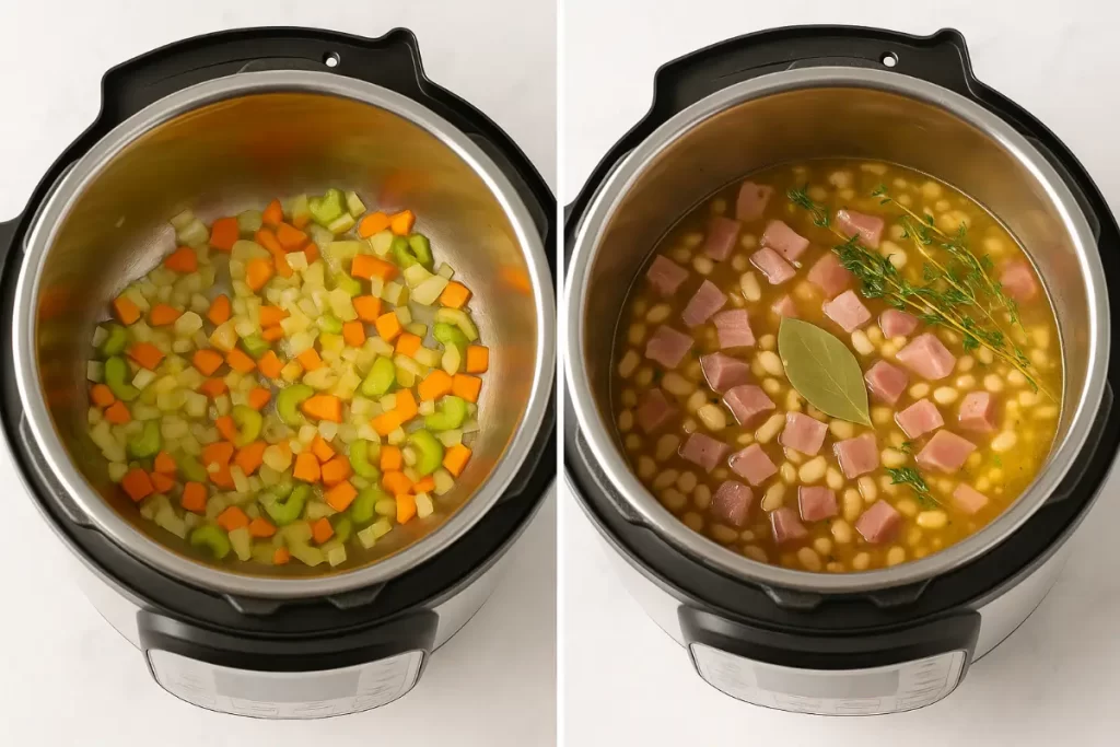 Sautéing-Vegetables-and-Building-a-Hearty-Bean-Stew-in-the-Instant-Pot Instant Pot showing sautéed vegetables in one half and a bean stew with herbs and broth in the other half on a white-grey ceramic surface.