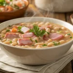 Steaming bowl of navy bean soup with smoked Turkey breasts and parsley served in a white bowl on a rustic table.