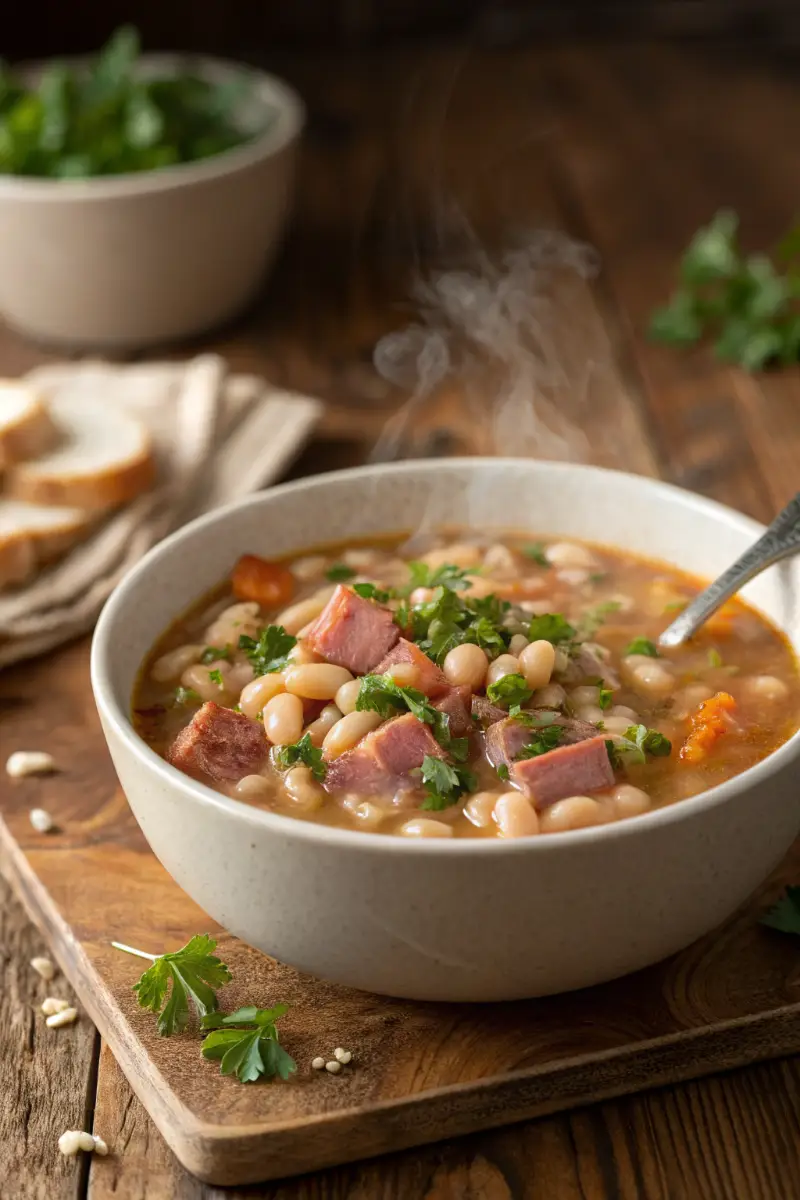 a-hearty-bowl-of-instant-pot-navy-bean-soup-with-s-2 Steaming bowl of navy bean soup with ham and parsley served in a white bowl on a rustic table.