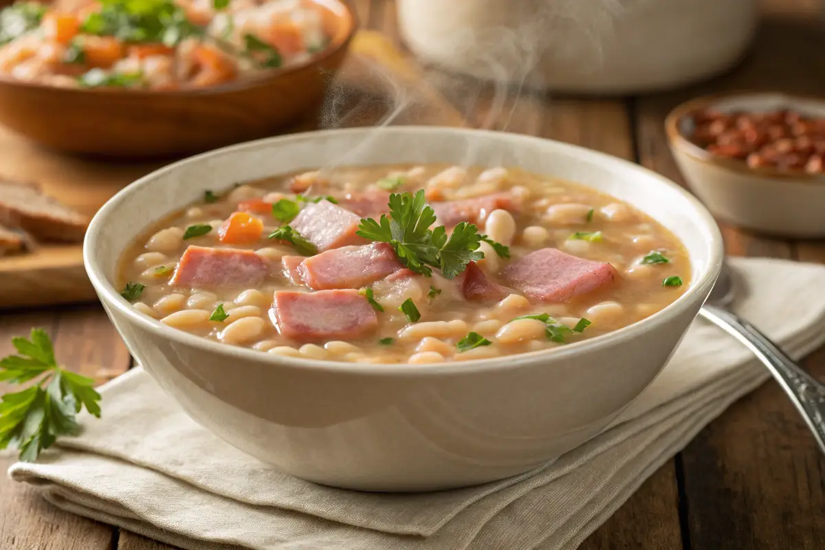 Steaming bowl of navy bean soup with smoked Turkey breasts and parsley served in a white bowl on a rustic table.