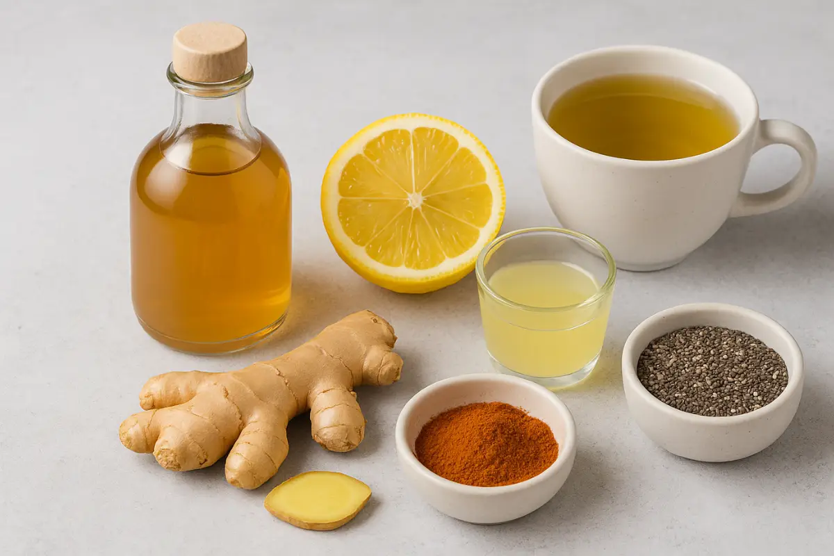 brazilian-mounjaro-recipe-ingredients Natural weight loss drink ingredients including apple cider vinegar, lemon, ginger, cayenne pepper, chia seeds, and green tea on a ceramic surface.