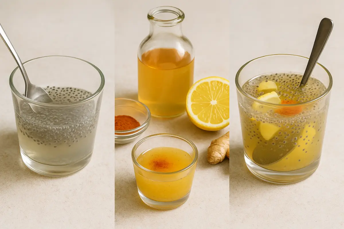 brazilian-mounjaro-recipe-steps A clear glass filled with chia seeds soaking in warm water, stirred with a spoon, on a light ceramic surface.