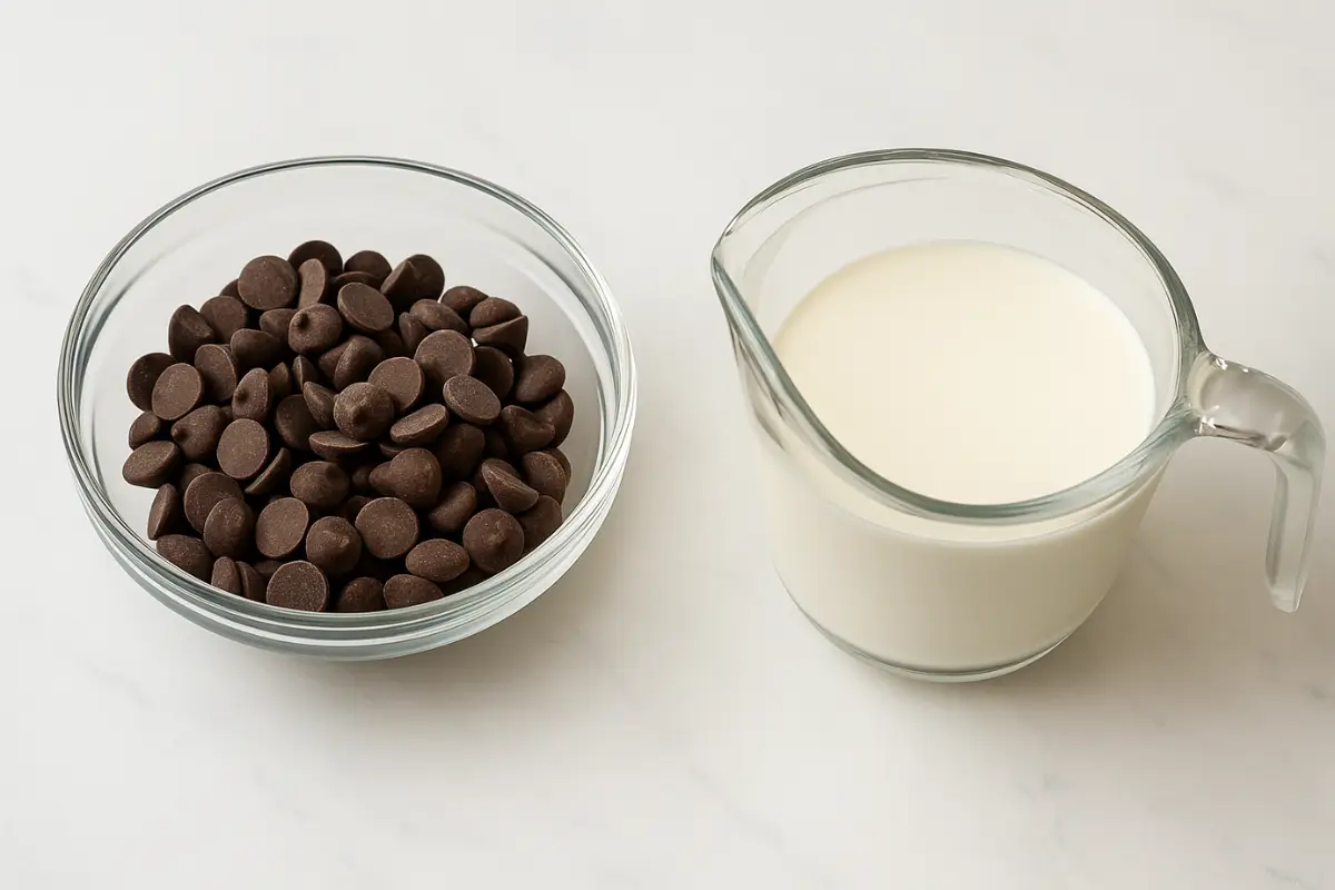 chocolate-cupcake-ganache-ingredients-gluten-free Dark chocolate chips in a glass bowl and cream in a measuring cup arranged on a white-grey ceramic surface.