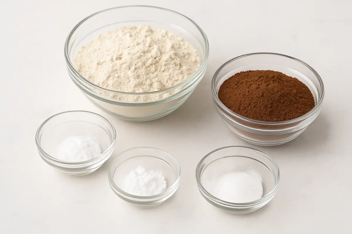 dry-ingredients-gluten-free-chocolate-cupcake-recipe Glass bowls containing gluten-free flour, cocoa powder, baking powder, baking soda, and salt arranged on a white-grey ceramic surface.