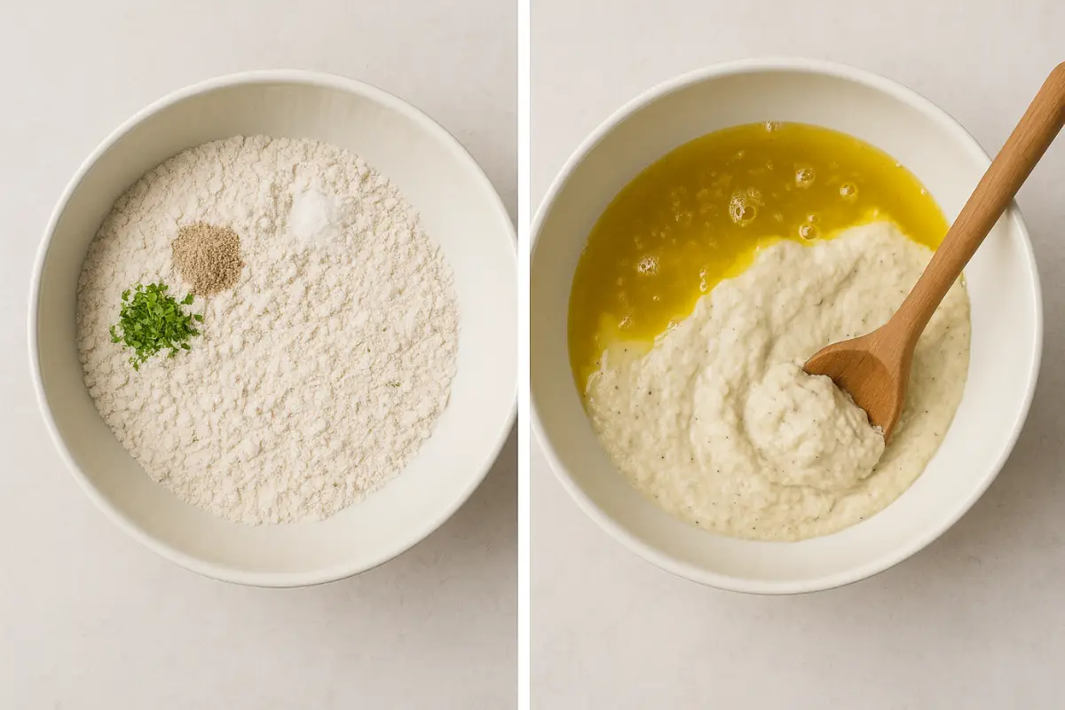 gf-dough-mixing-steps-dry-wet-ingredients Side-by-side images of dry and wet gluten-free dough ingredients in white ceramic bowls on a light grey surface, showing flour blend with herbs and sticky mixed dough with olive oil.
