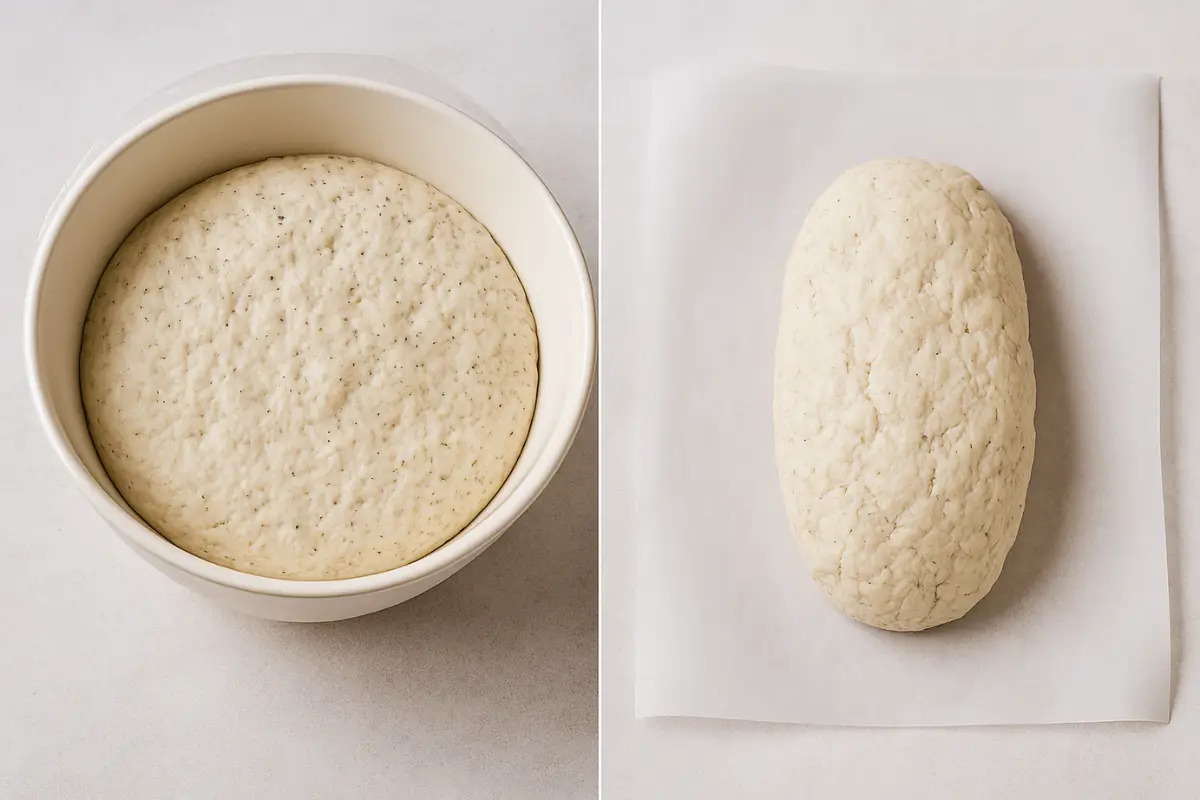 gf-dough-rise-shape-steps-loaf-prep Two-panel image showing gluten-free dough rising in a white bowl on the left and a shaped loaf resting on parchment paper on the right, placed on a white-grey ceramic surface.