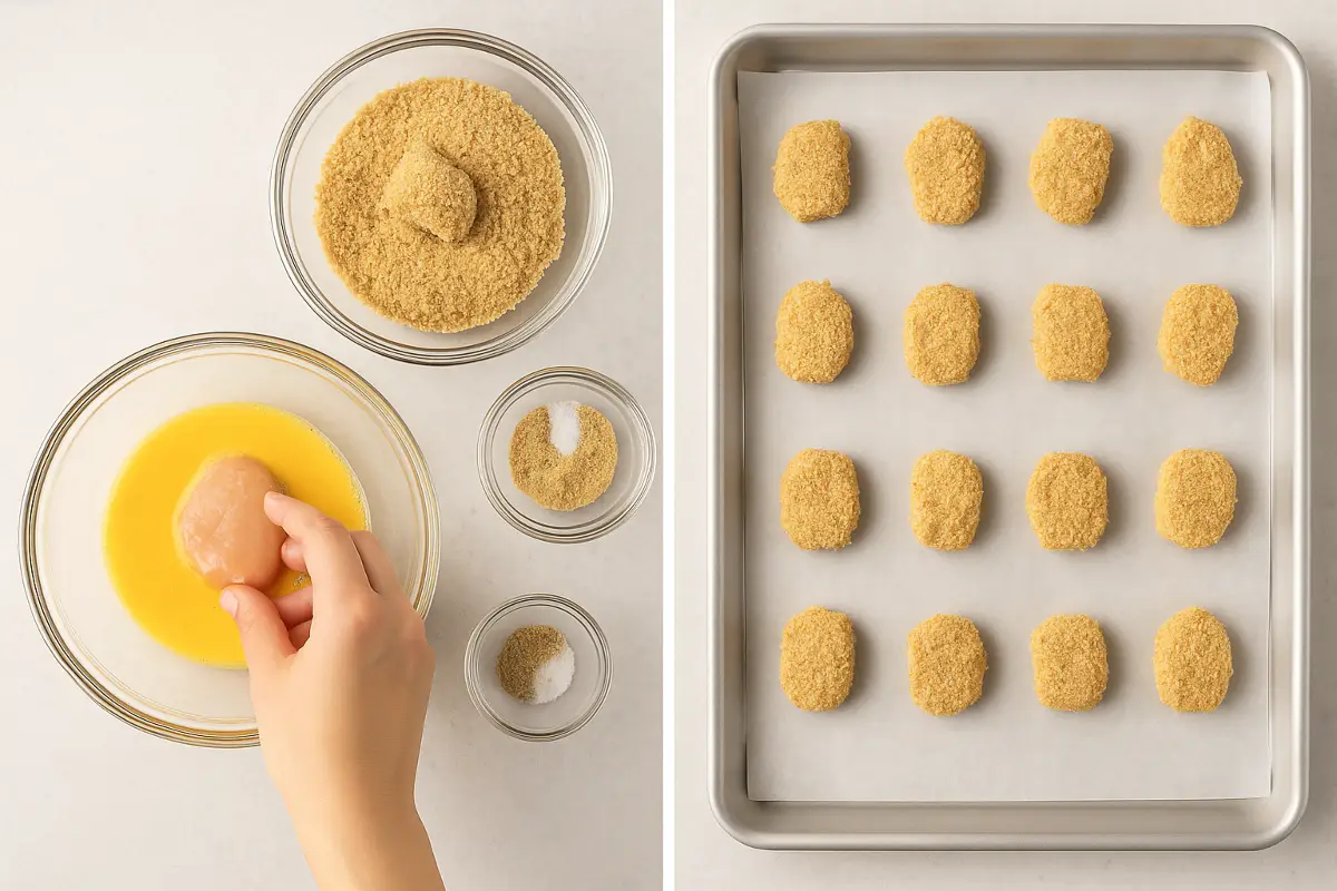 gluten-free-chicken-nuggets-breading-and-baking Hand dipping a chicken piece in egg next to breadcrumb mix, and breaded nuggets arranged on a parchment-lined baking sheet.
