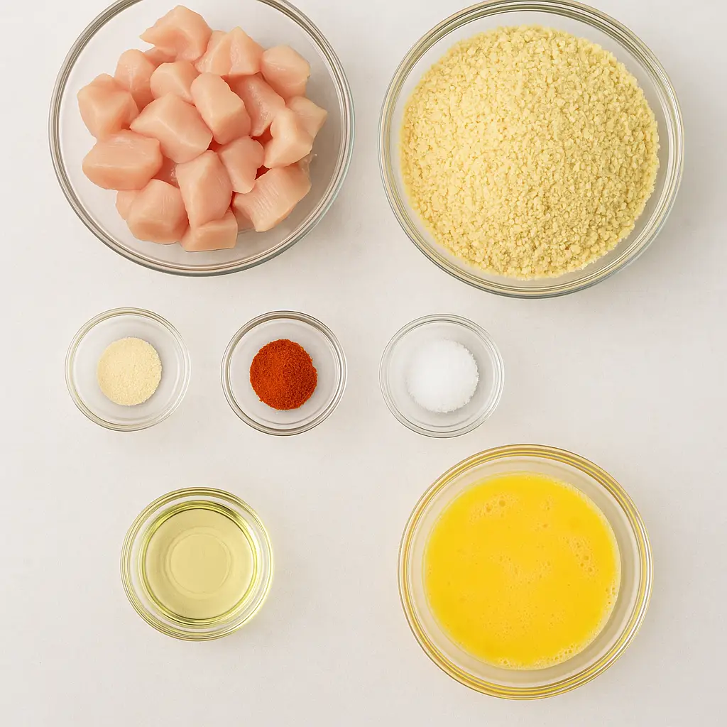 gluten-free-chicken-nuggets-ingredients Diced chicken, gluten-free breadcrumbs, eggs, oil, and spices arranged in glass bowls on a white-grey ceramic surface.