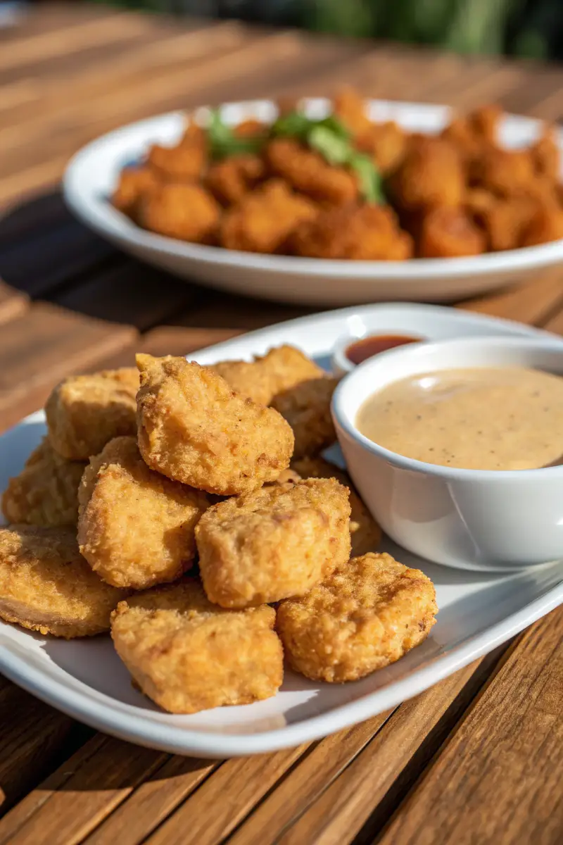 chicken-nuggets-served-with-dipping-sauce golden crispy chicken nuggets served with dipping sauces on a white plate