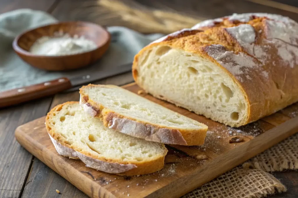 Gluten free Italian bread loaf sliced on wooden board