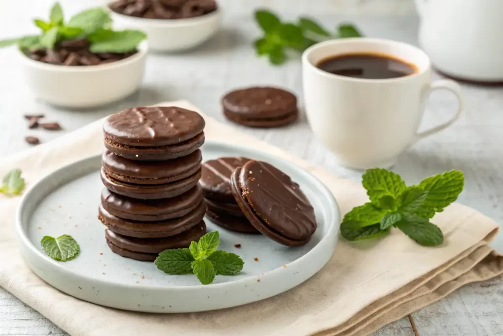 Gluten Free Thin Mints arranged on a plate with fresh mint