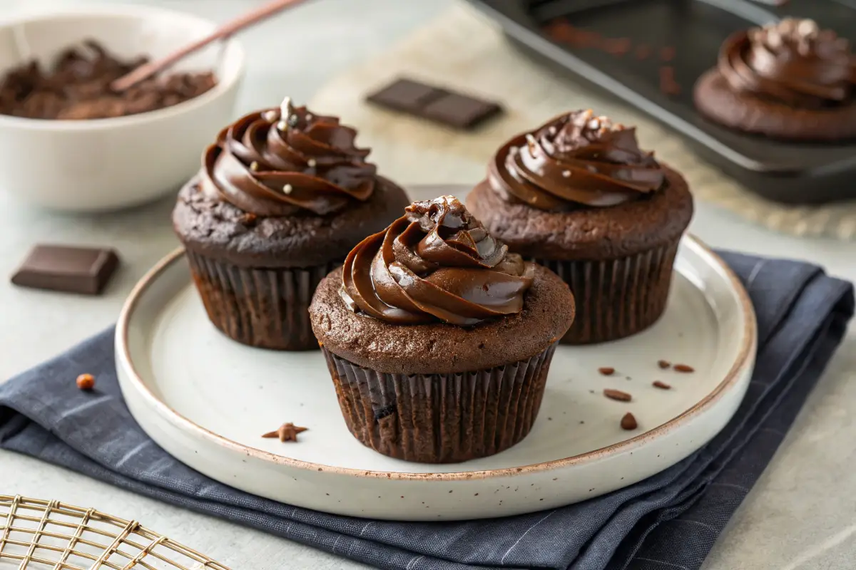 Text: Gluten free triple chocolate cupcakes with ganache center