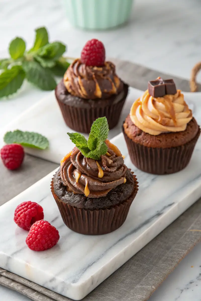gluten-free-triple-chocolate-cupcakes-variations Frosted gluten free triple chocolate cupcakes with toppings
