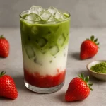 iced strawberry matcha latte recipe in tall glass