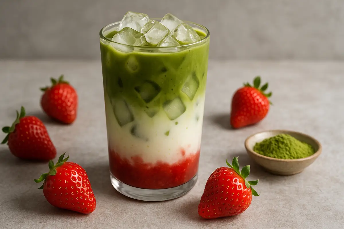 iced strawberry matcha latte recipe in tall glass