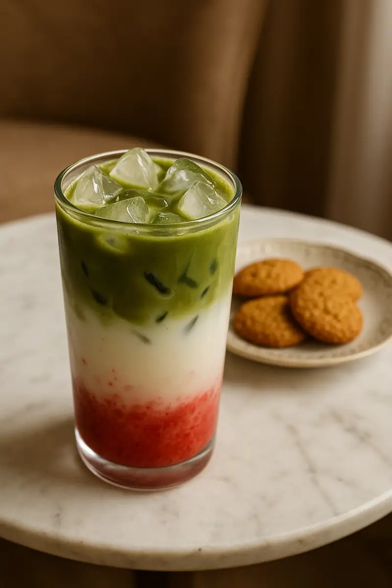 iced-strawberry-matcha-latte-featured-served- iced strawberry matcha latte recipe in tall glass served with some cookies