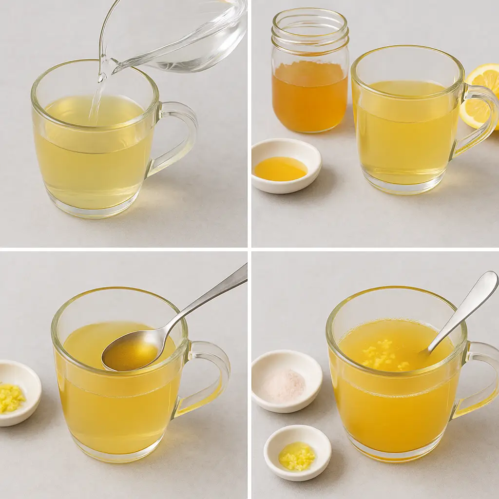 natural-mounjaro-recipe-step-by-step Step-by-step preparation of a warm wellness drink made with lemon juice, honey, apple cider vinegar, ginger, and Himalayan pink salt, photographed on a white-grey ceramic surface.