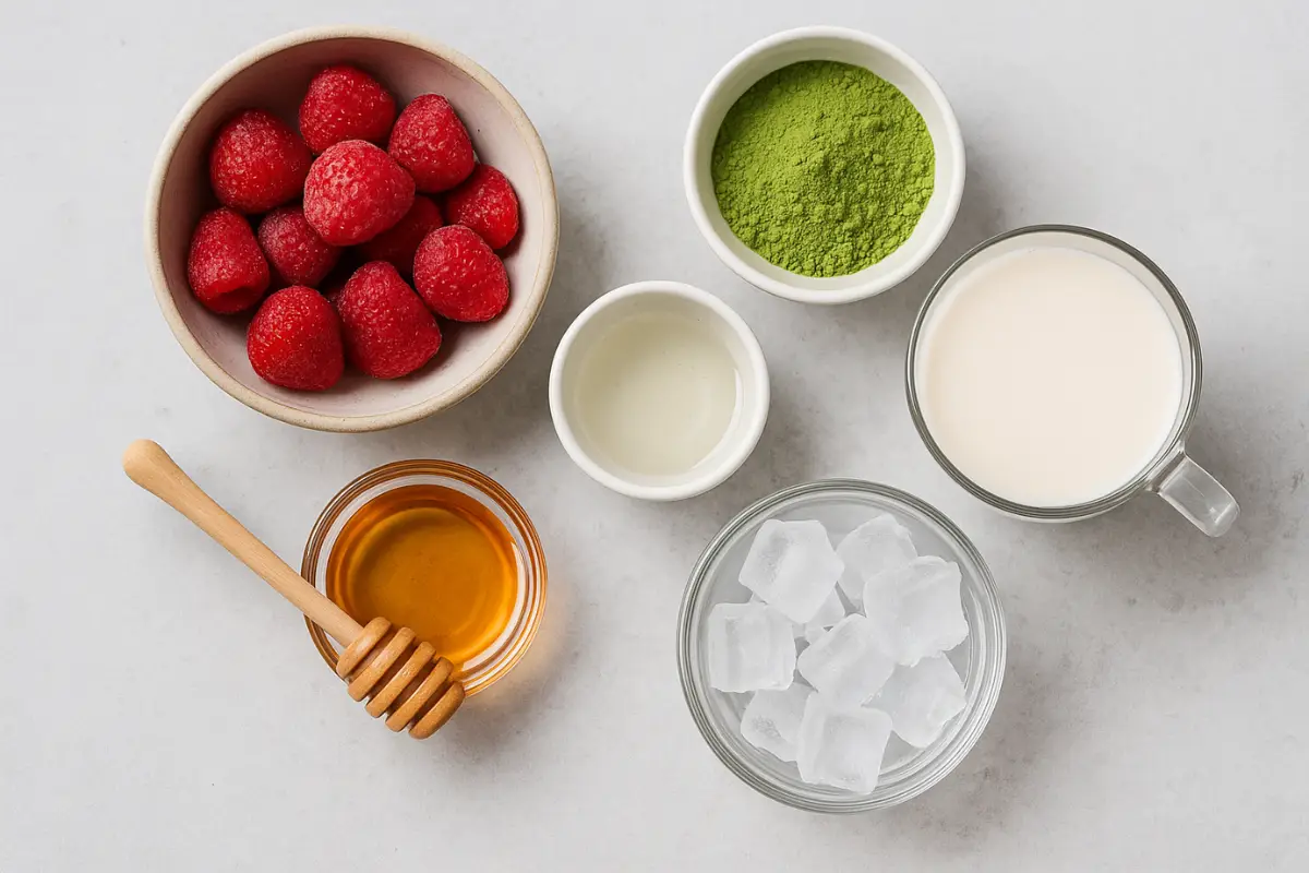 strawberry-matcha-latte-ingredients-gluten-free Fresh strawberries, matcha powder, almond milk, honey, hot water, and ice arranged neatly on a white-grey ceramic surface.