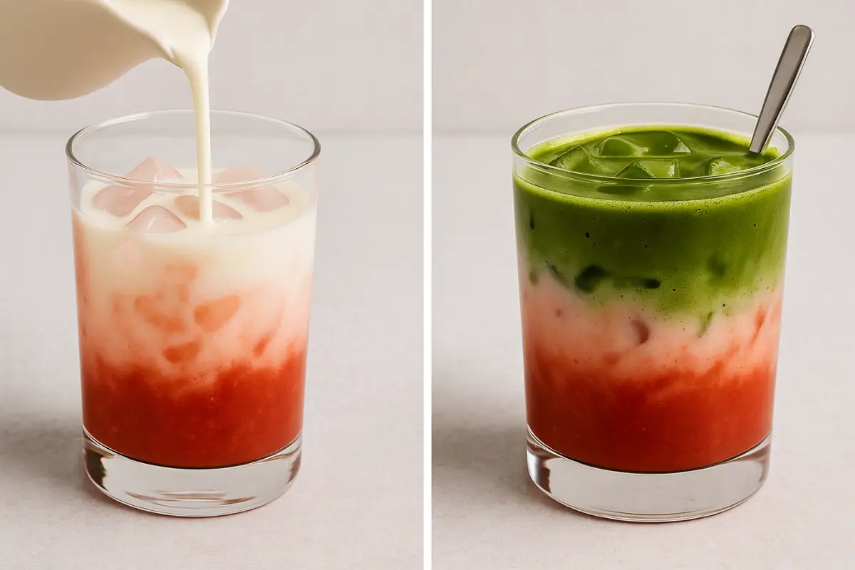 strawberry-matcha-latte-layered-gluten-free-drink Two tall glasses of iced strawberry matcha latte sit on a light ceramic surface. One glass shows milk being poured over strawberry puree and ice, while the other displays the final layered drink with matcha on top and a spoon inside.
