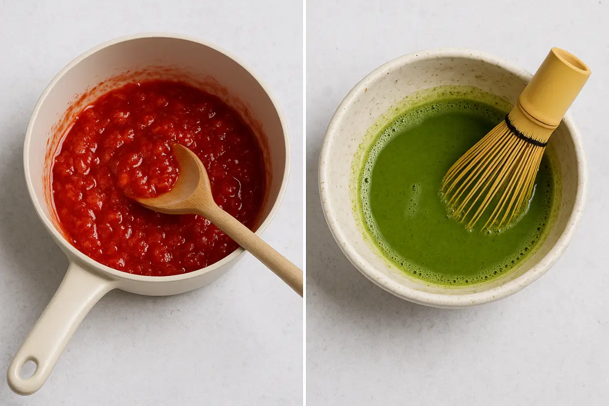 strawberry-matcha-latte-steps-homemade-drink A diptych showing strawberry matcha latte in two steps: one side features a saucepan of strawberry sauce with a wooden spoon, the other shows a bowl of freshly whisked matcha with a bamboo whisk on a white-grey ceramic surface.