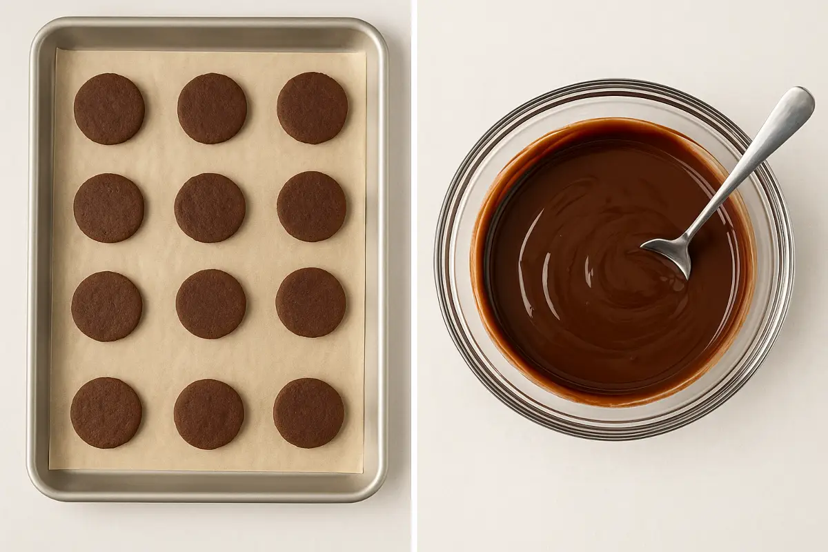 thin-mints-baking-and-melting-chocolate Freshly baked chocolate cookies on a parchment-lined tray and melted chocolate in a bowl with a spoon.