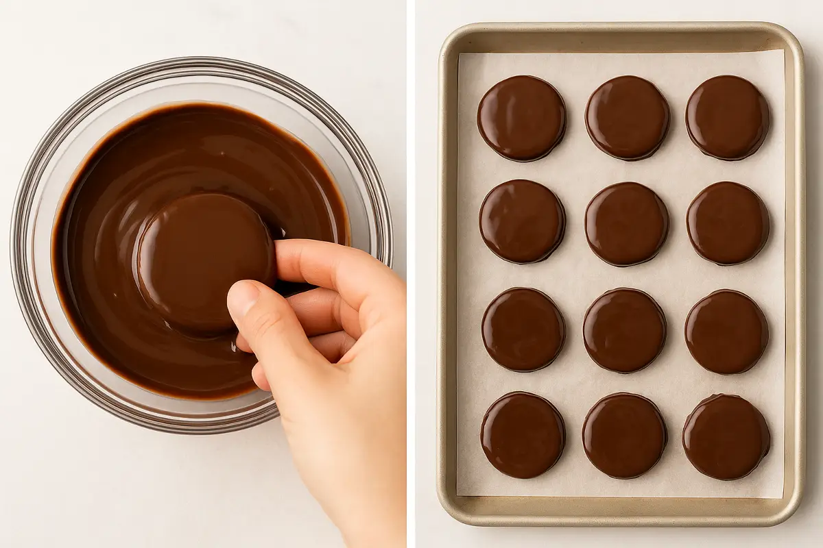 thin-mints-dipping-and-cooling-gluten-free Hand dipping a cookie in melted chocolate and coated cookies setting on parchment paper.