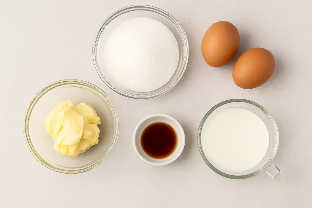 wet-ingredients-gluten-free-chocolate-cupcake-cake Butter, sugar, eggs, vanilla, and milk arranged in glass containers on a white-grey marble surface.