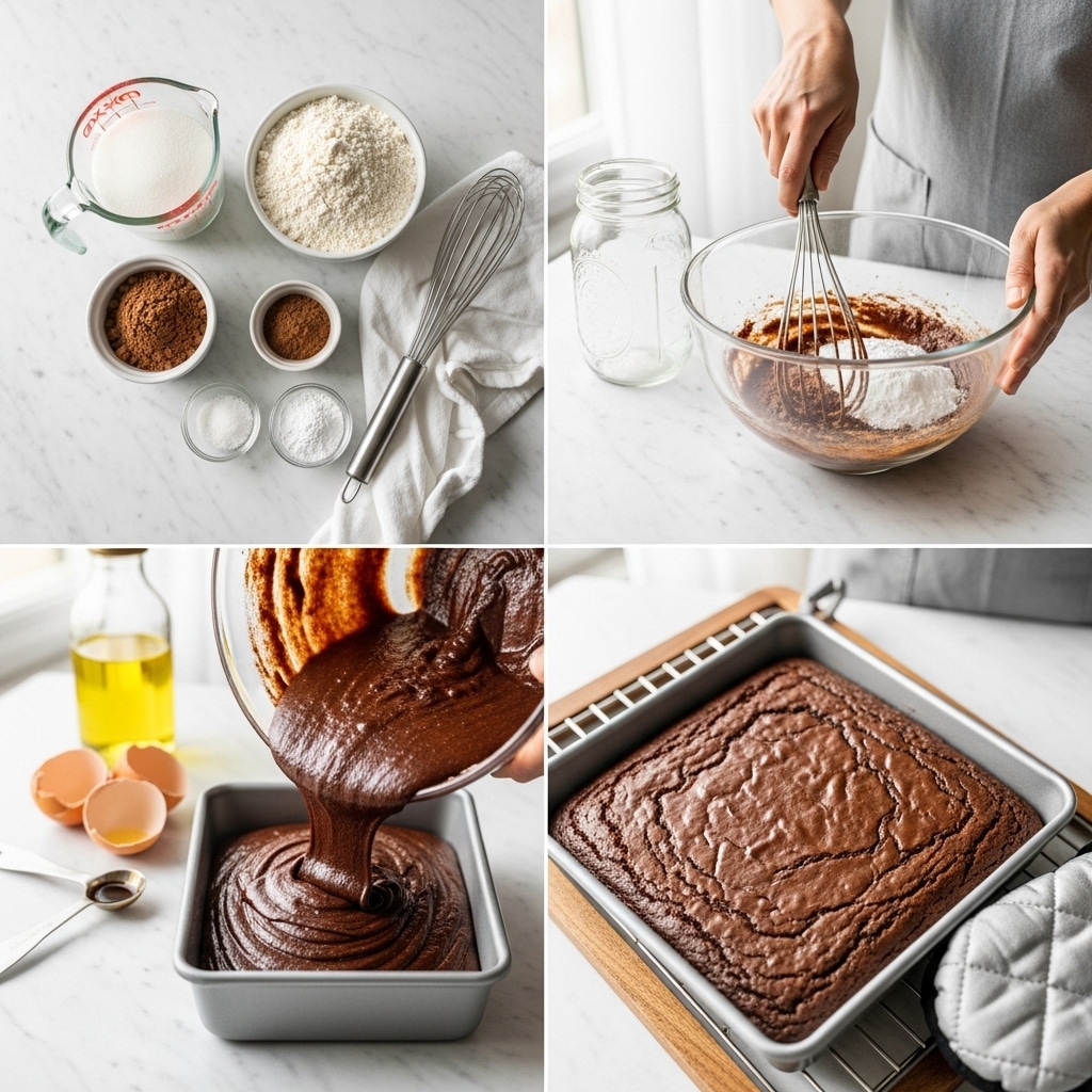 Pouring homemade brownie mix batter into baking pan