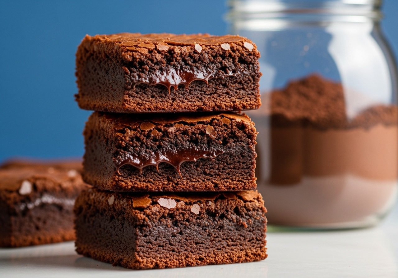 Homemade brownie mix in glass jar ready to bake