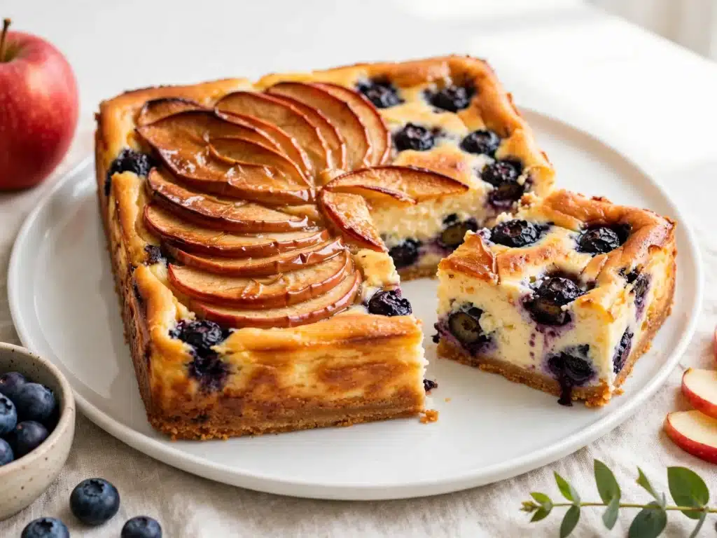 Barritas de Cheesecake de Manzana y Arándanos doradas con láminas de manzana y arándanos, una porción cortada