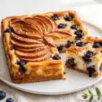 Barritas de Cheesecake de Manzana y Arándanos doradas con láminas de manzana y arándanos, una porción cortada