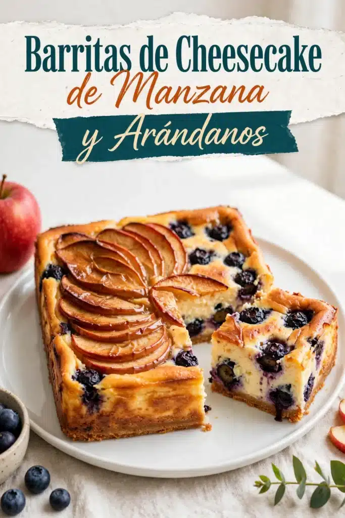 Barritas de Cheesecake de Manzana y Arándanos caseras, cremosas y con fruta