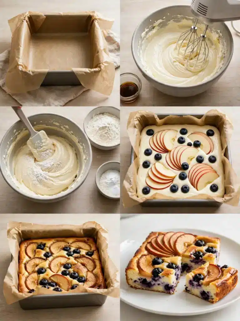Pasos para preparar Barritas de Cheesecake de Manzana y Arándanos, desde la base hasta hornear, enfriar y cortar las barritas